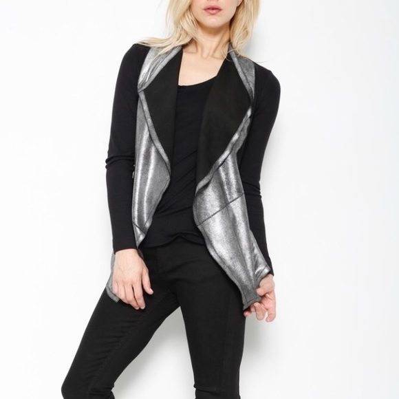 illia Sweaters - •illia• Draped Front Leather Colorblock Cardigan
